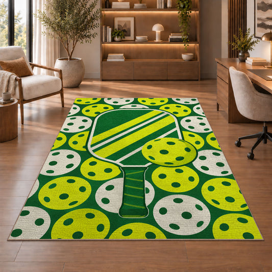 Pickleball Holes Pattern Rug in a home office with wooden shelves