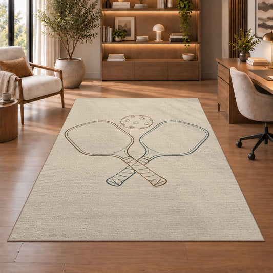 Minimalist Pickleball Line Art Rug in a home office with wooden shelves