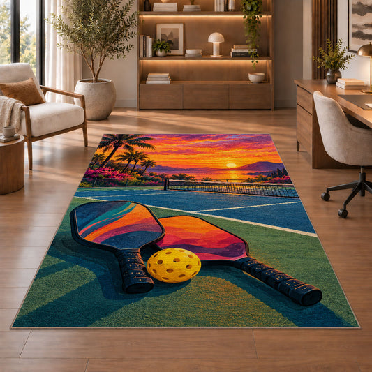 Sunset Pickleball Court Rug in a home office with wooden shelves