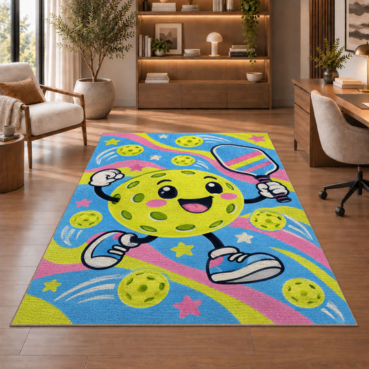 Cute Pickleball Character Rug in a home office with wooden shelves
