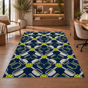 Pickleball Paddle Lattice Rug in a home office with wooden shelves