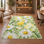 Watercolor Pickleball Daisy Rug in a home office with wooden shelves