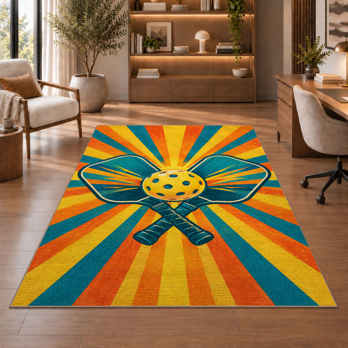Pickleball Sunburst Rug in a home office with wooden shelves