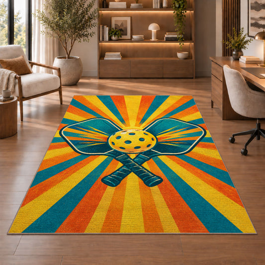 Pickleball Sunburst Rug in a home office with wooden shelves