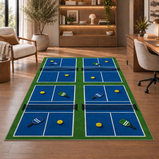 Pickleball Club Courts Rug in a home office with wooden shelves