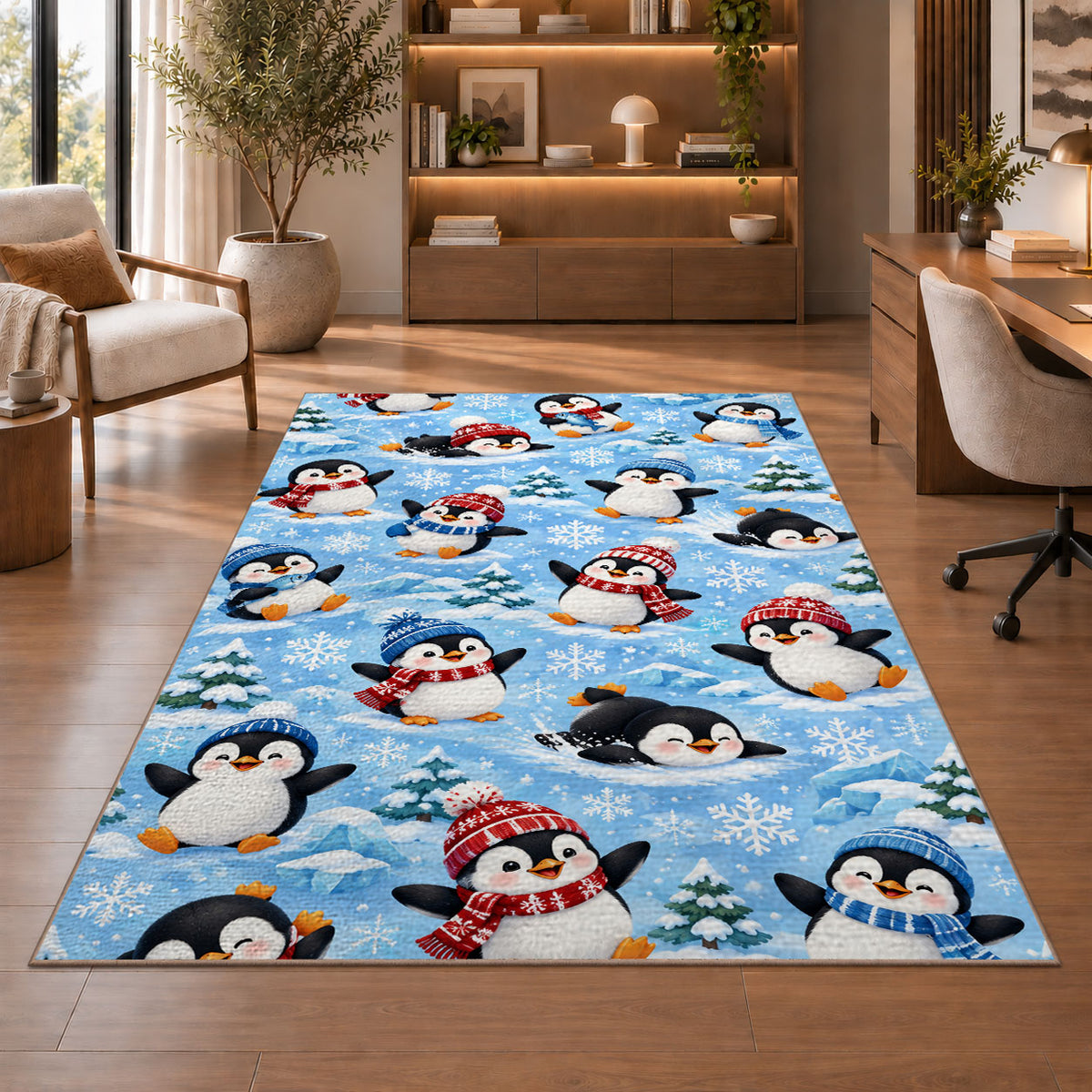 Penguin Pattern Rug in a home office with wooden shelves