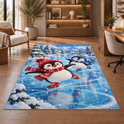 Ice Skating Penguin Rug in a home office with wooden shelves
