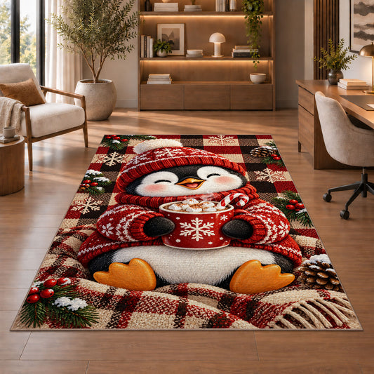 Hot Cocoa Penguin Rug in a home office with wooden shelves