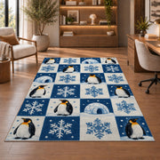 Penguin Checkered Rug in a home office with wooden shelves