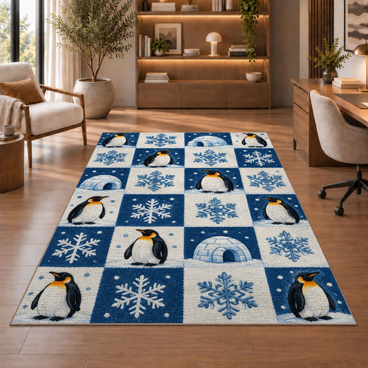 Penguin Checkered Rug in a home office with wooden shelves