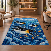 Underwater Penguin Rug in a home office with wooden shelves