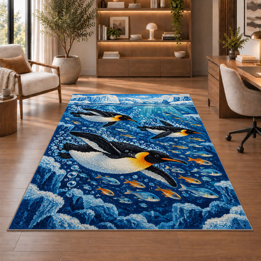 Underwater Penguin Rug in a home office with wooden shelves