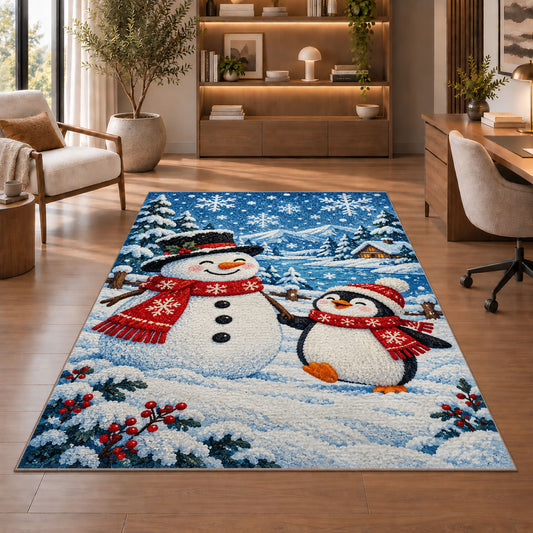 Snowman and Penguin Rug in a home office with wooden shelves