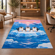 Penguins on Iceberg Rug in a home office with wooden shelves