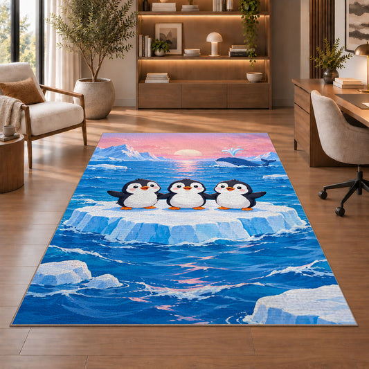Penguins on Iceberg Rug in a home office with wooden shelves