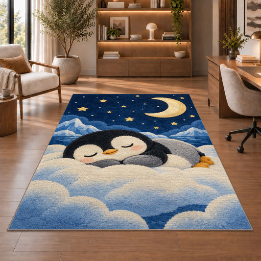 Sleeping Baby Penguin Rug in a home office with wooden shelves