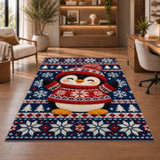 Nordic Sweater Penguin Rug in a home office with wooden shelves