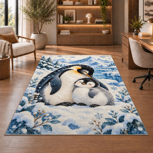 Mother and Baby Penguin Rug in a home office with wooden shelves