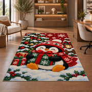 Christmas Penguin Rug in a home office with wooden shelves
