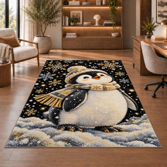 Elegant Penguin Rug in a home office with wooden shelves