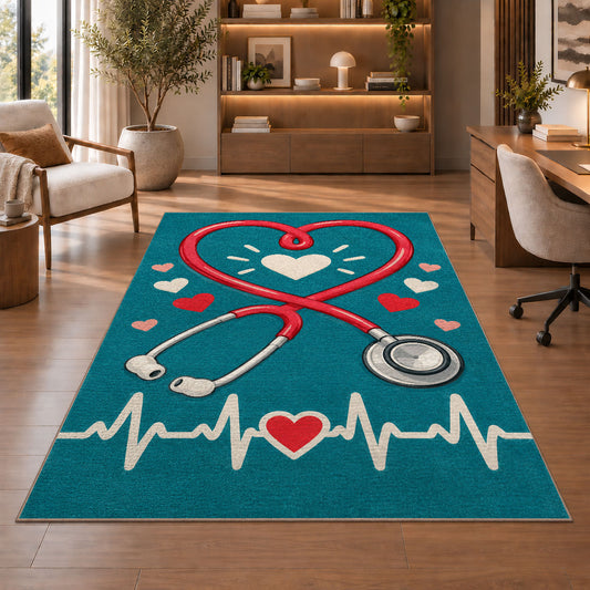 Heart Stethoscope Nurse Rug in a home office with wooden shelves