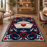 Vintage Nurse Cap Rug in a home office with wooden shelves