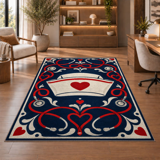 Vintage Nurse Cap Rug in a home office with wooden shelves