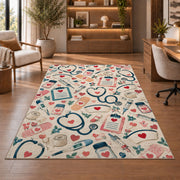 Nurse Essentials Pattern Rug in a home office with wooden shelves