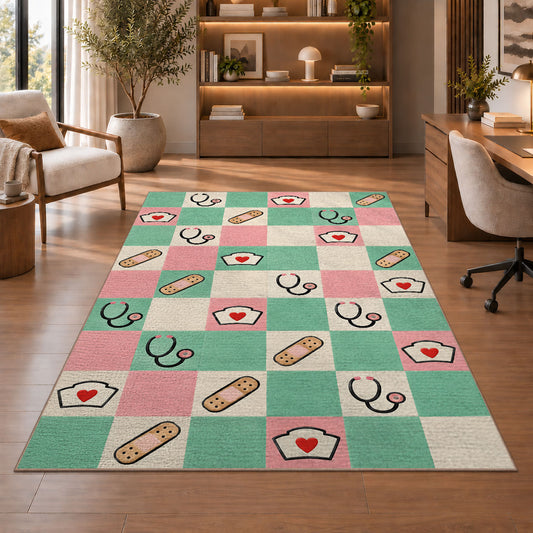 Retro Checkered Nurse Rug in a home office with wooden shelves