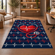 Heartbeat Stethoscope Rug in a home office with wooden shelves