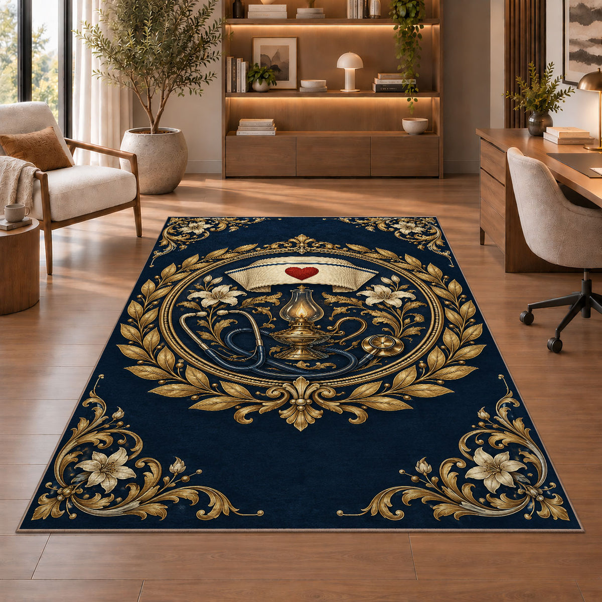 Vintage Nurse Emblem Rug in a home office with wooden shelves