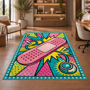 Pop Art Bandage Rug in a home office with wooden shelves