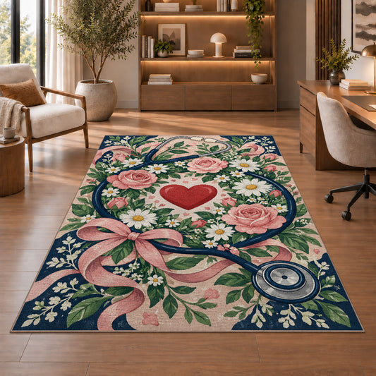Floral Stethoscope Rug in a home office with wooden shelves