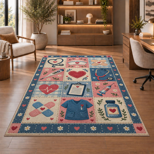 Nurse Patchwork Rug in a home office with wooden shelves