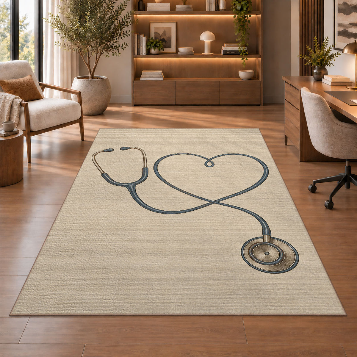 Minimalist Stethoscope Heart Rug in a home office with wooden shelves