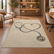 Minimalist Stethoscope Heart Rug in a home office with wooden shelves
