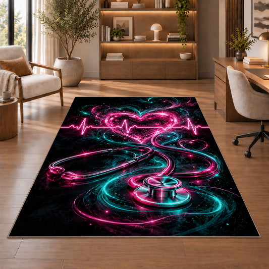 Neon Heartbeat Rug in a home office with wooden shelves