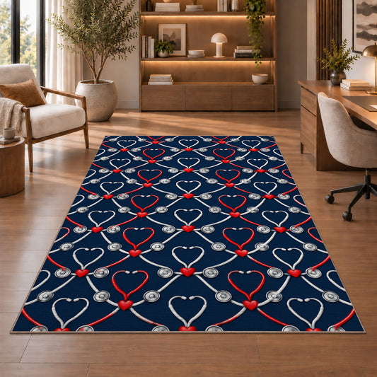 Stethoscope Heart Lattice Rug in a home office with wooden shelves
