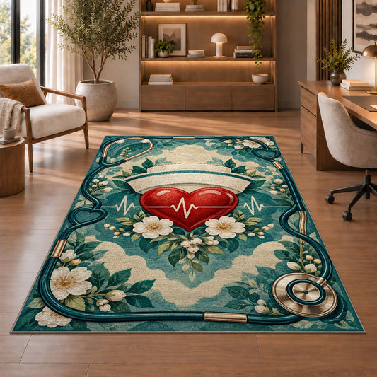 Nurse Cap Heart Rug in a home office with wooden shelves
