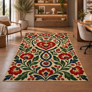 Folk Art Nurse Rug in a home office with wooden shelves