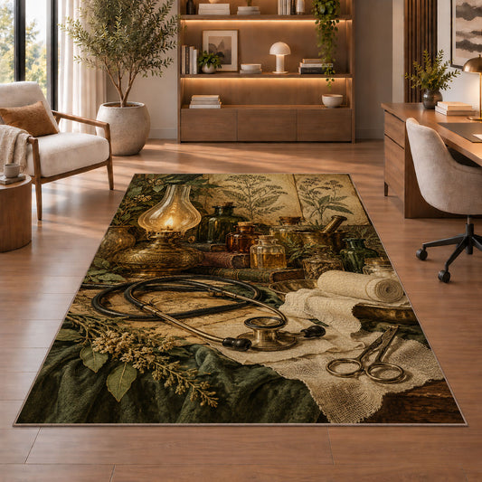 Vintage Apothecary Nurse Rug in a home office with wooden shelves