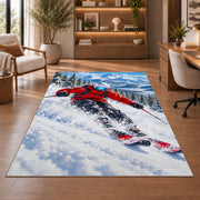 Downhill skier rug in a home office with wooden shelves
