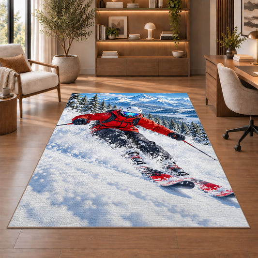 Downhill skier rug in a home office with wooden shelves
