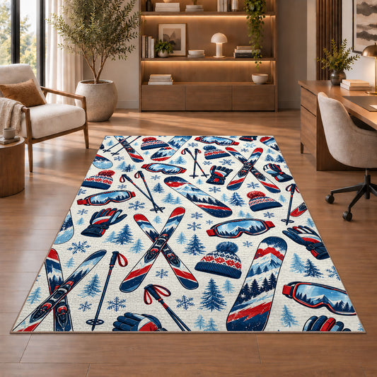 Ski gear pattern rug in a home office with wooden shelves