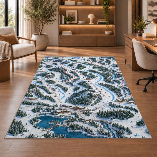 Ski resort trail map rug in a home office with wooden shelves