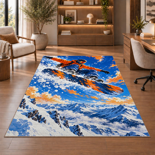 Snowboarder jump rug in a home office with wooden shelves