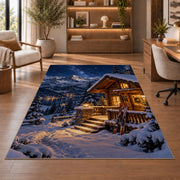 Ski cabin at night rug in a home office with wooden shelves