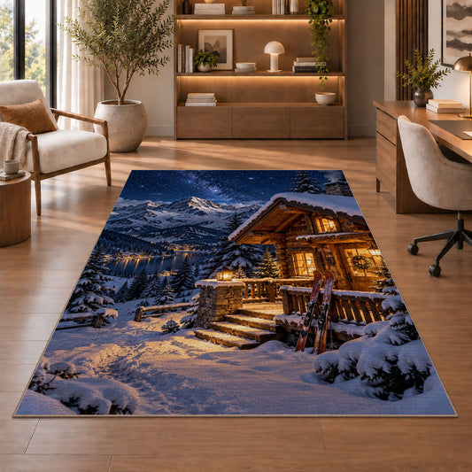 Ski cabin at night rug in a home office with wooden shelves