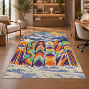 Retro snowboards rug in a home office with wooden shelves