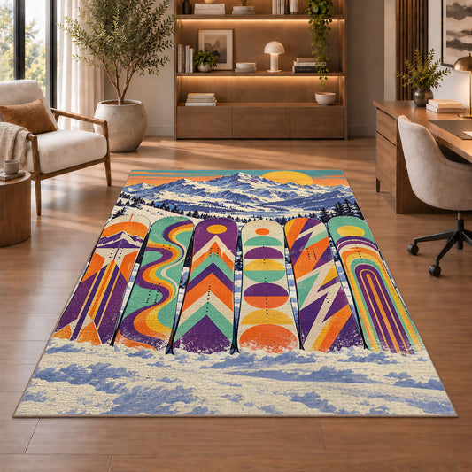 Retro snowboards rug in a home office with wooden shelves